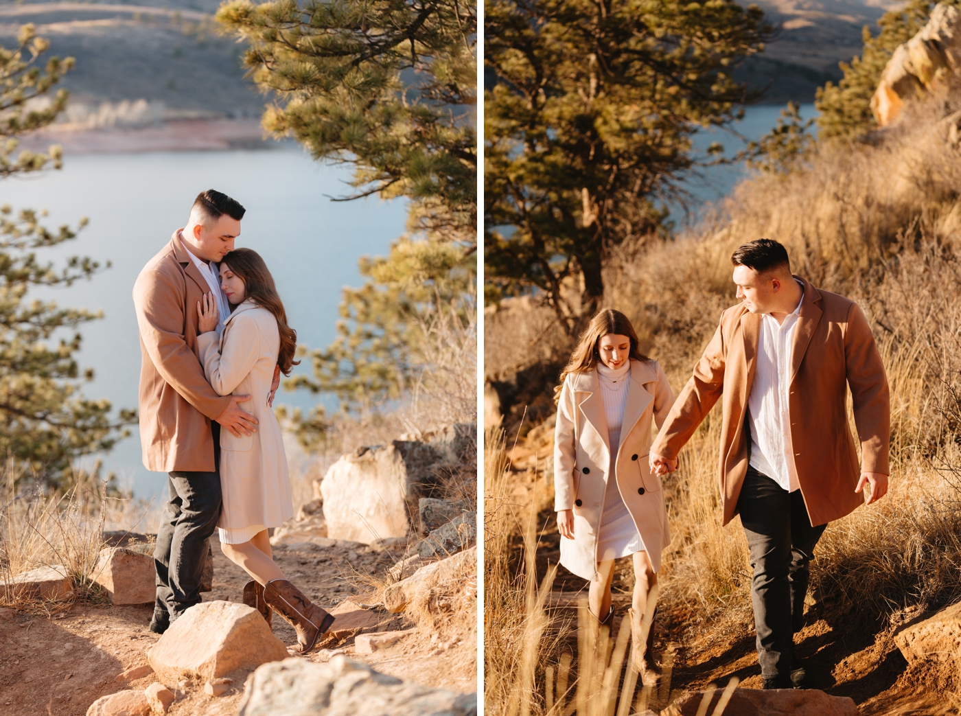 Engaged couple hiking at Horsetooth Reservoir