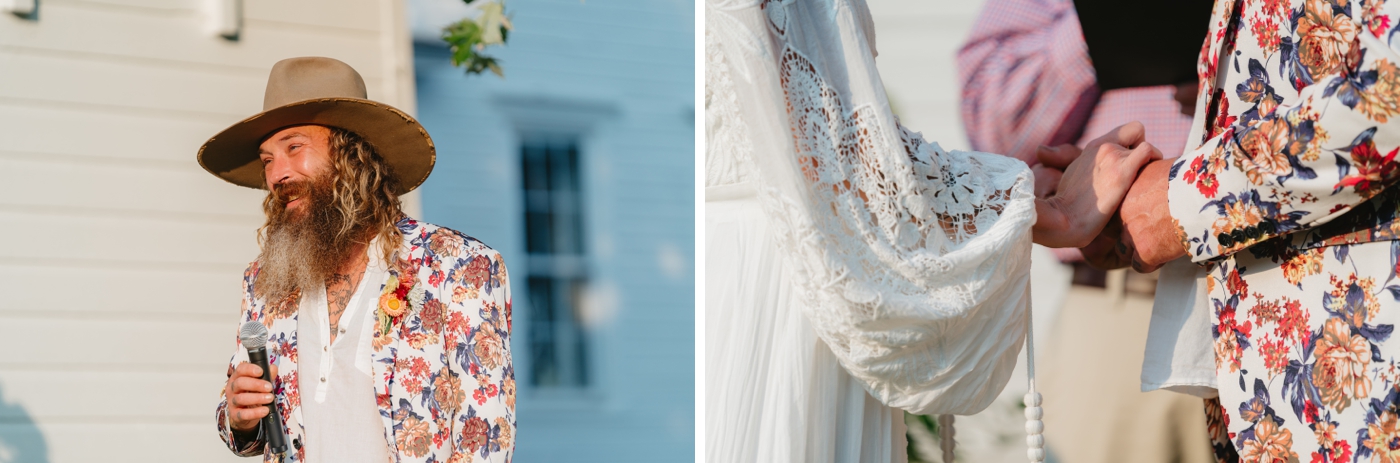 Bride and groom holding hands during their wedding ceremony