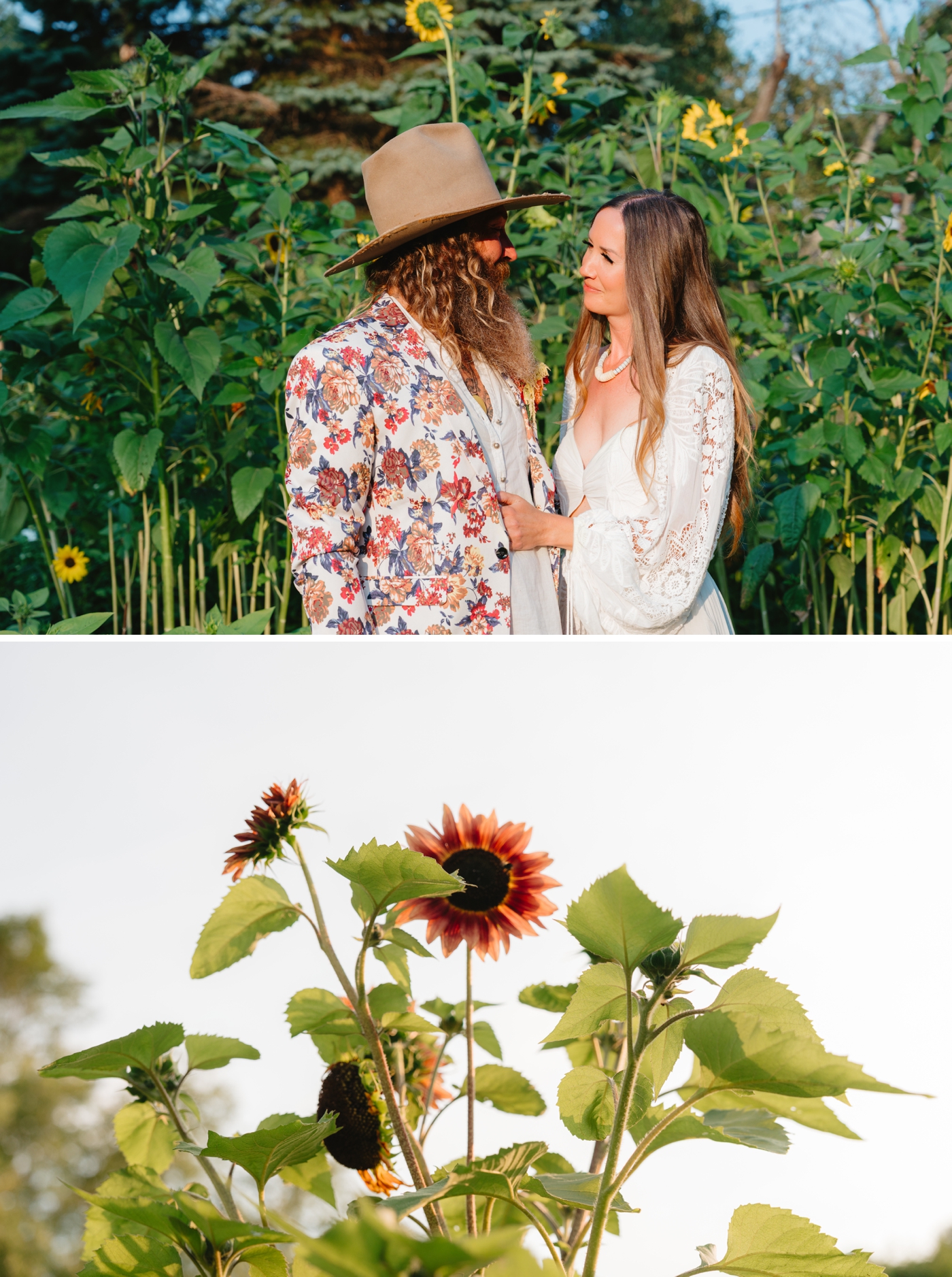 Bride and groom standing in front of a sunflower field