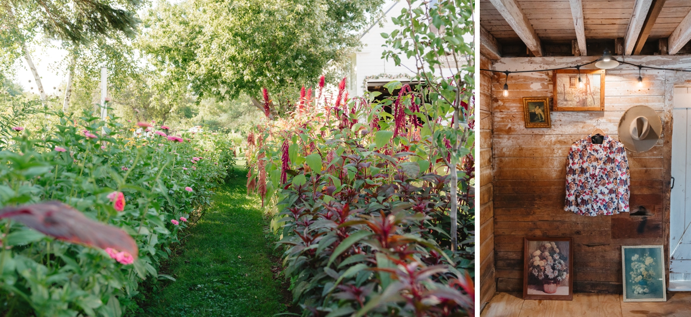 Floral suit coat hanging in a barn