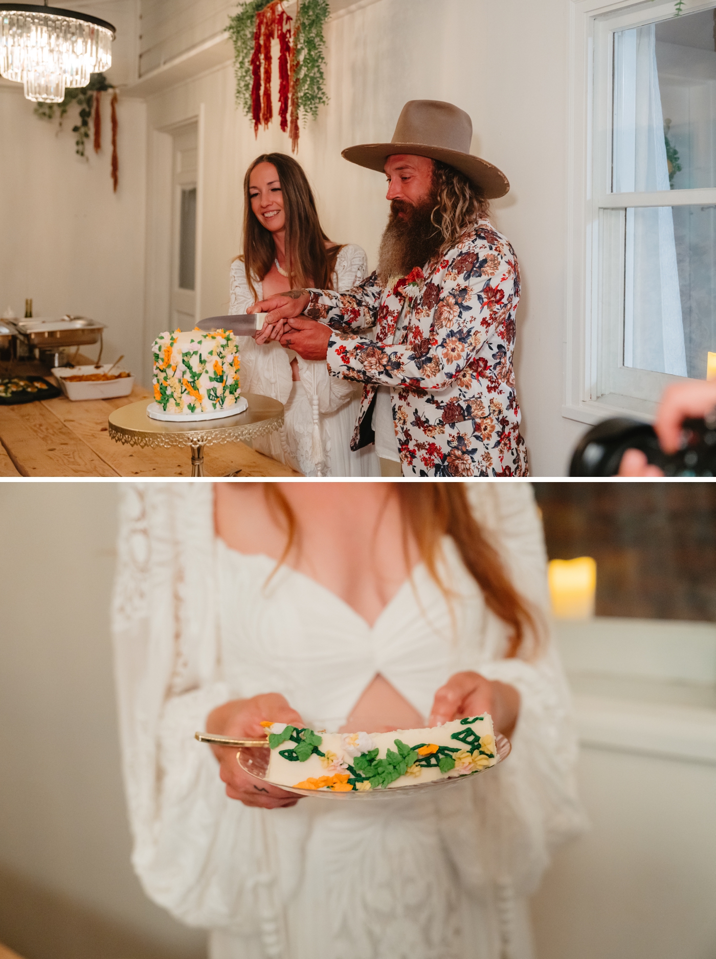 Bride and groom cutting their wedding cake