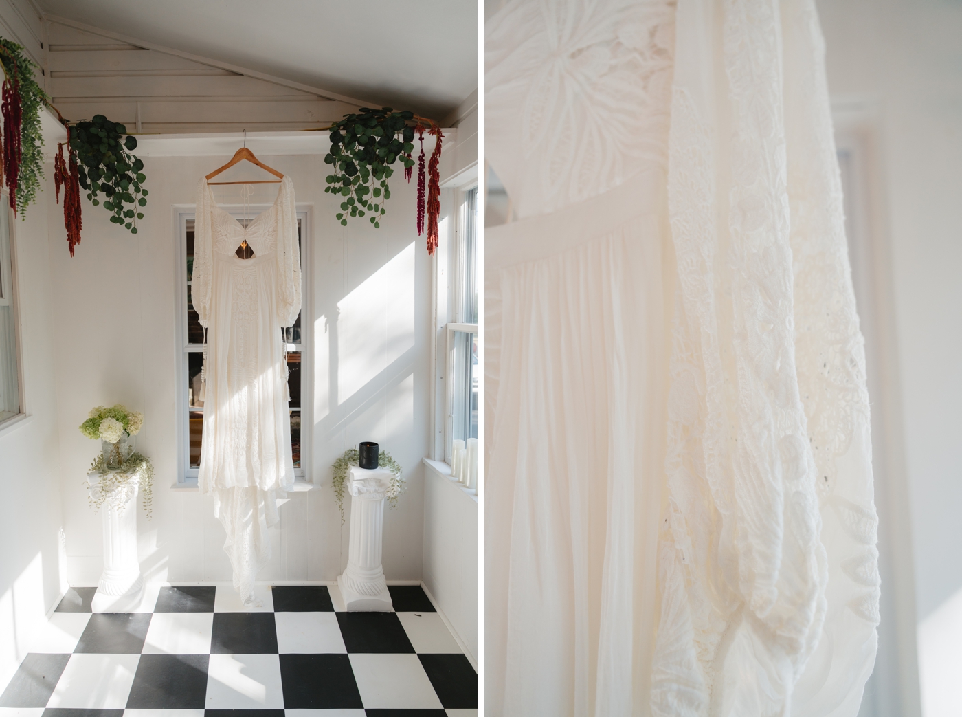 Rue de Seine wedding dress hanging from a farmhouse ceiling