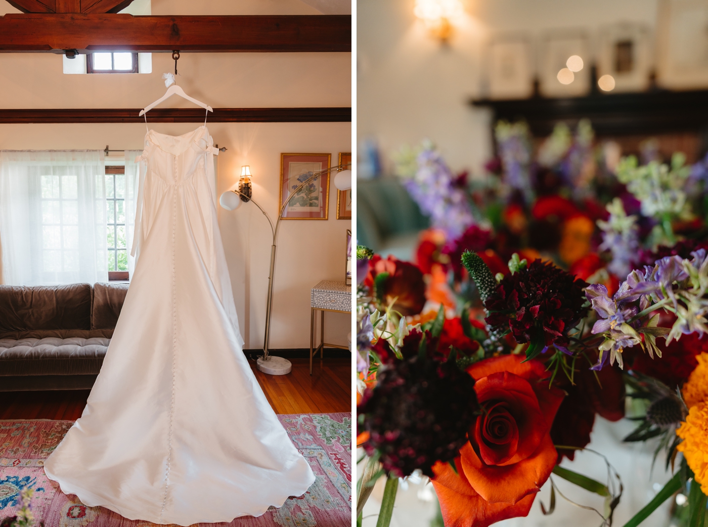 Bridal gown hanging from a ceiling beam