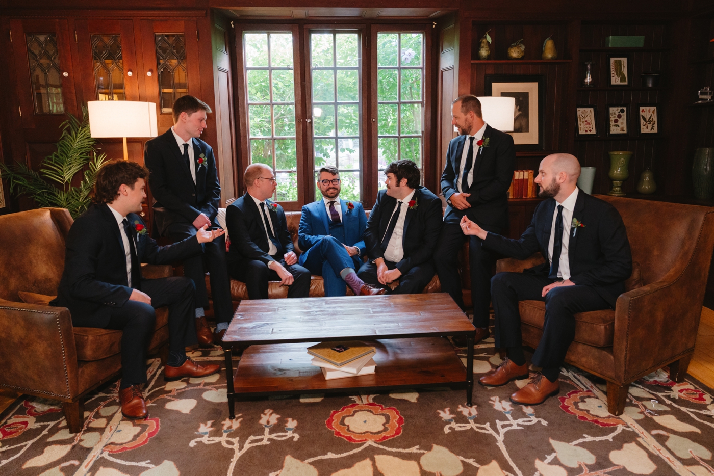 Groom and groomsmen in groom's suite at the Willowdale Estate