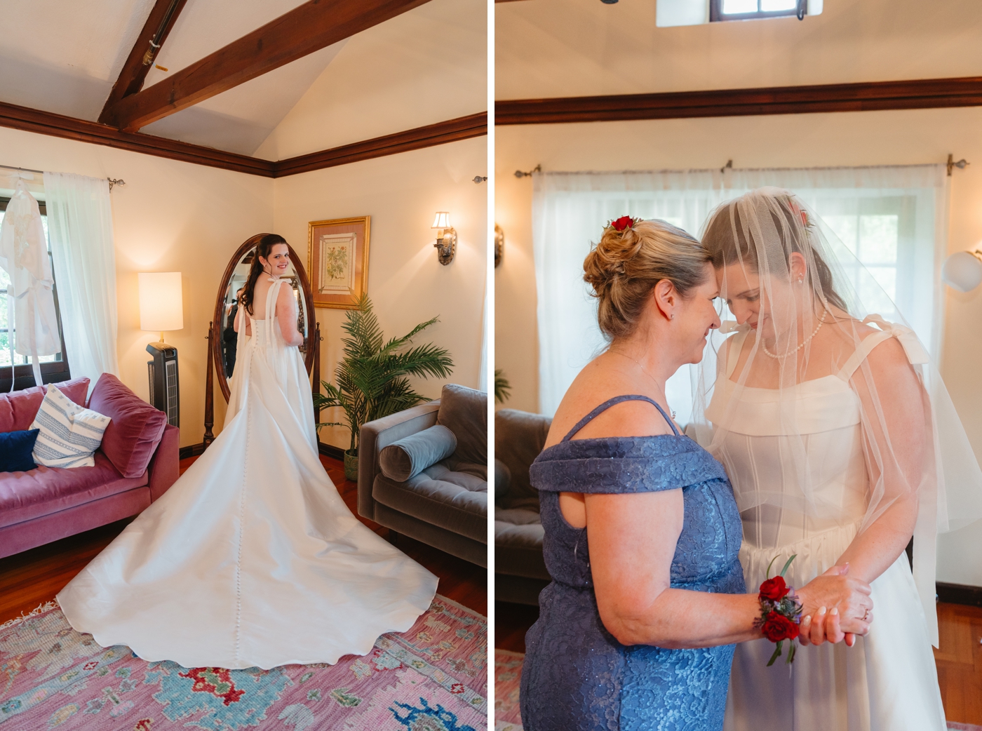 Mother of the bride helping bride put on veil