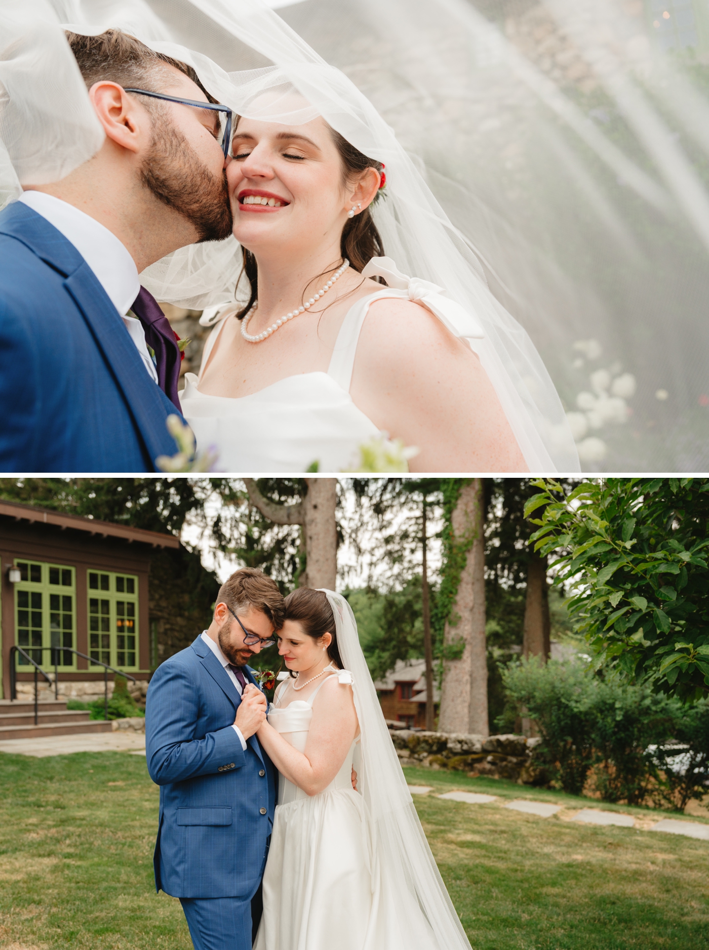 Groom kissing bride on the cheek underneath veil