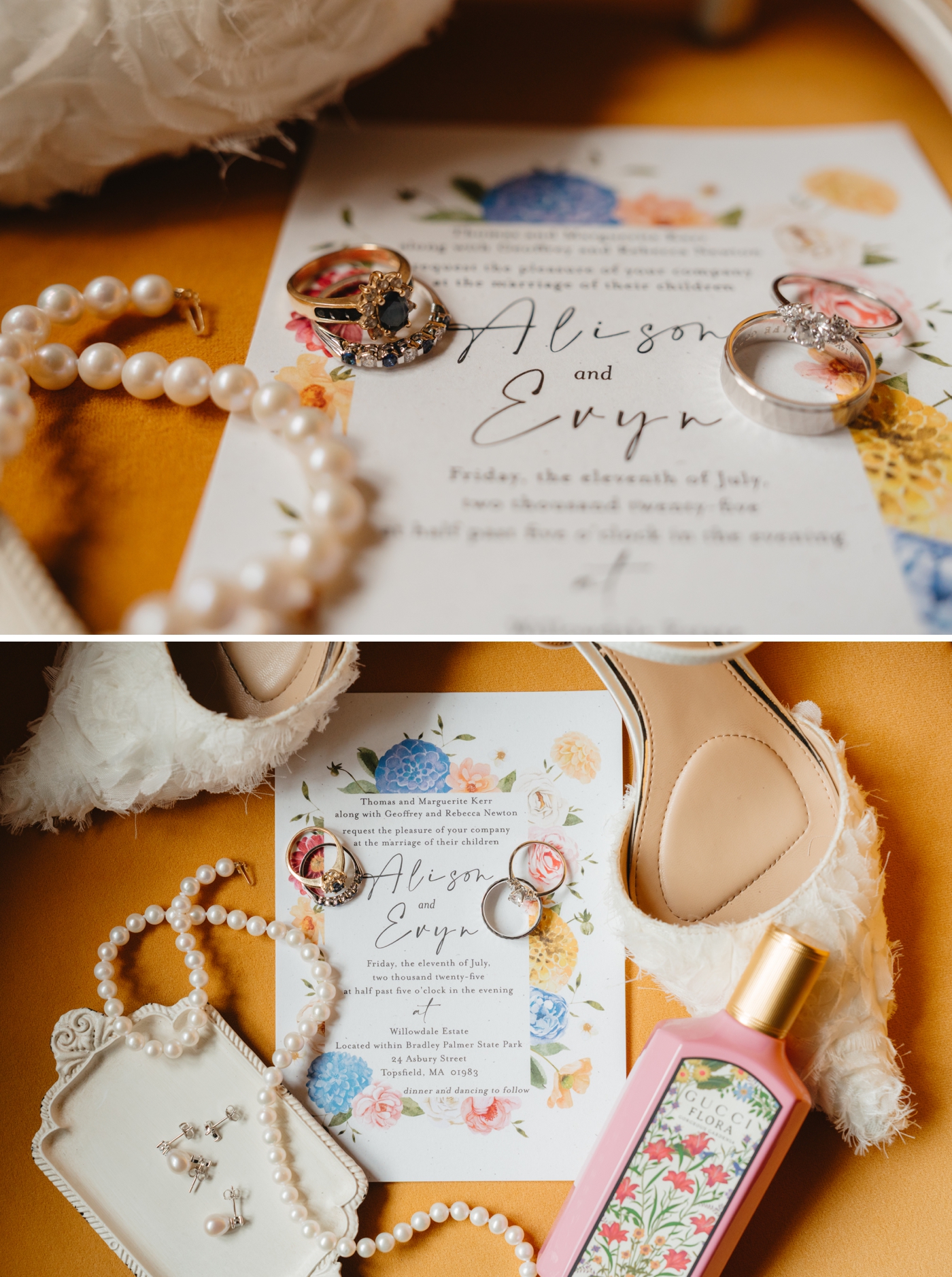Wedding invitation flat lay with rings and pearl necklace