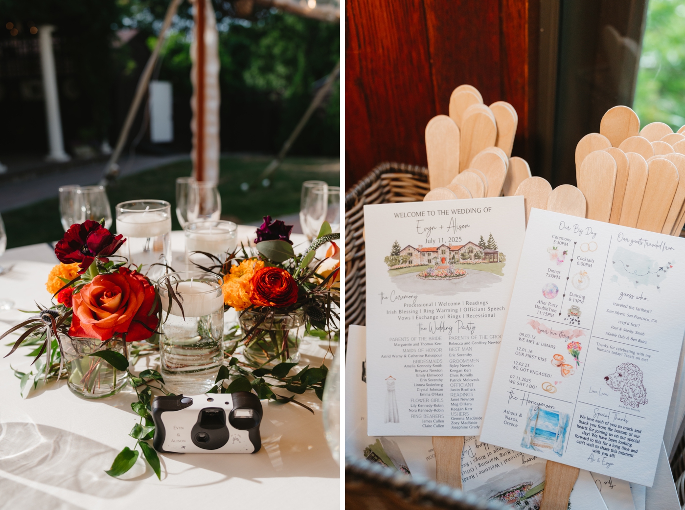 Wedding centerpiece with red flowers, floating candles, disposal camera
