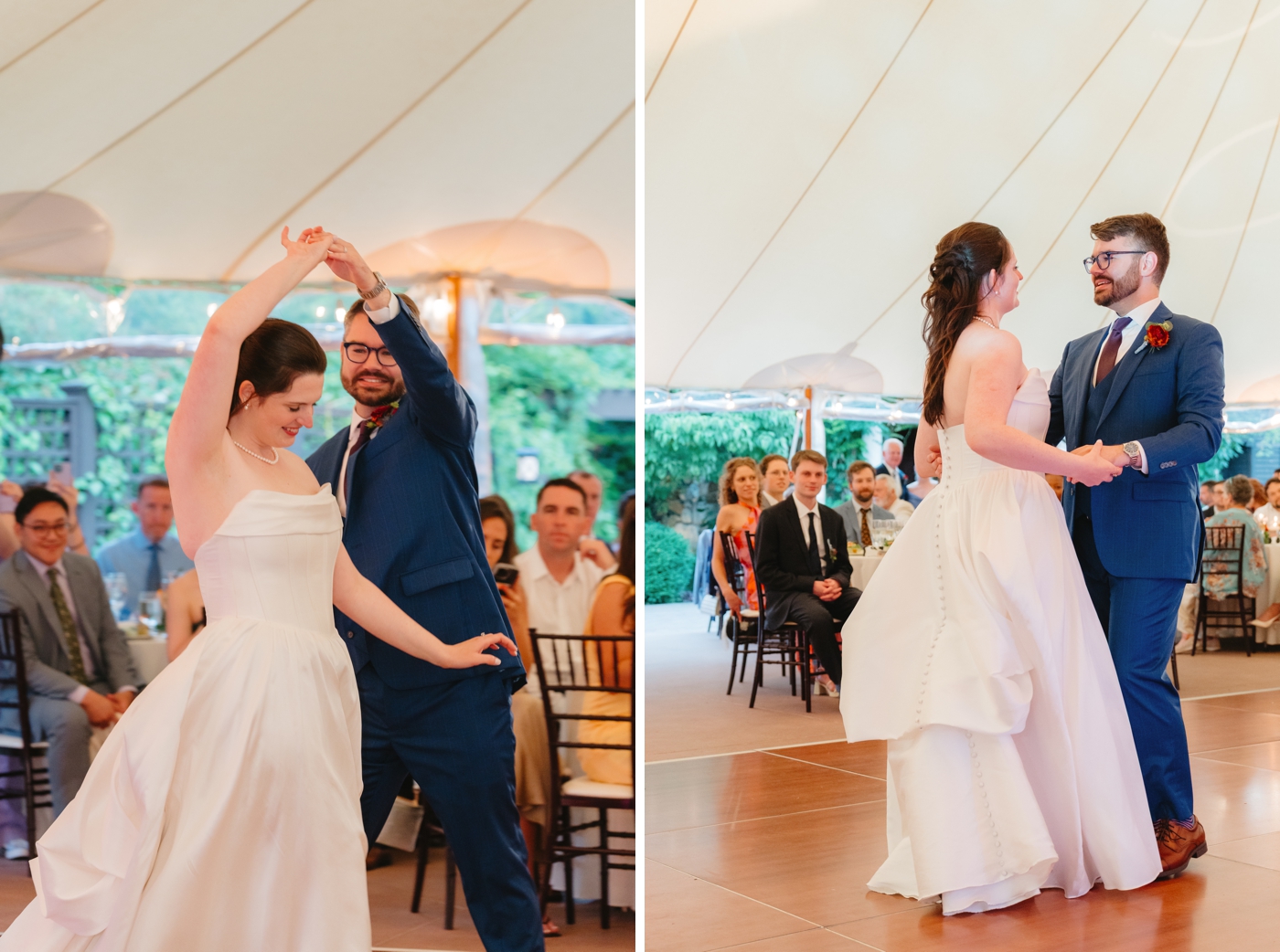 Bride and groom sharing first dance under tent