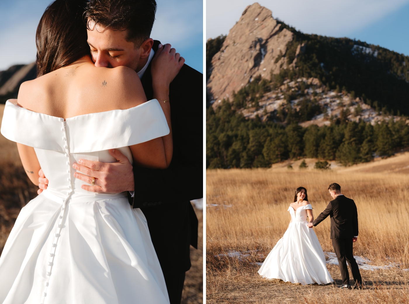 Bride and groom in front of the Boulder Flatirons