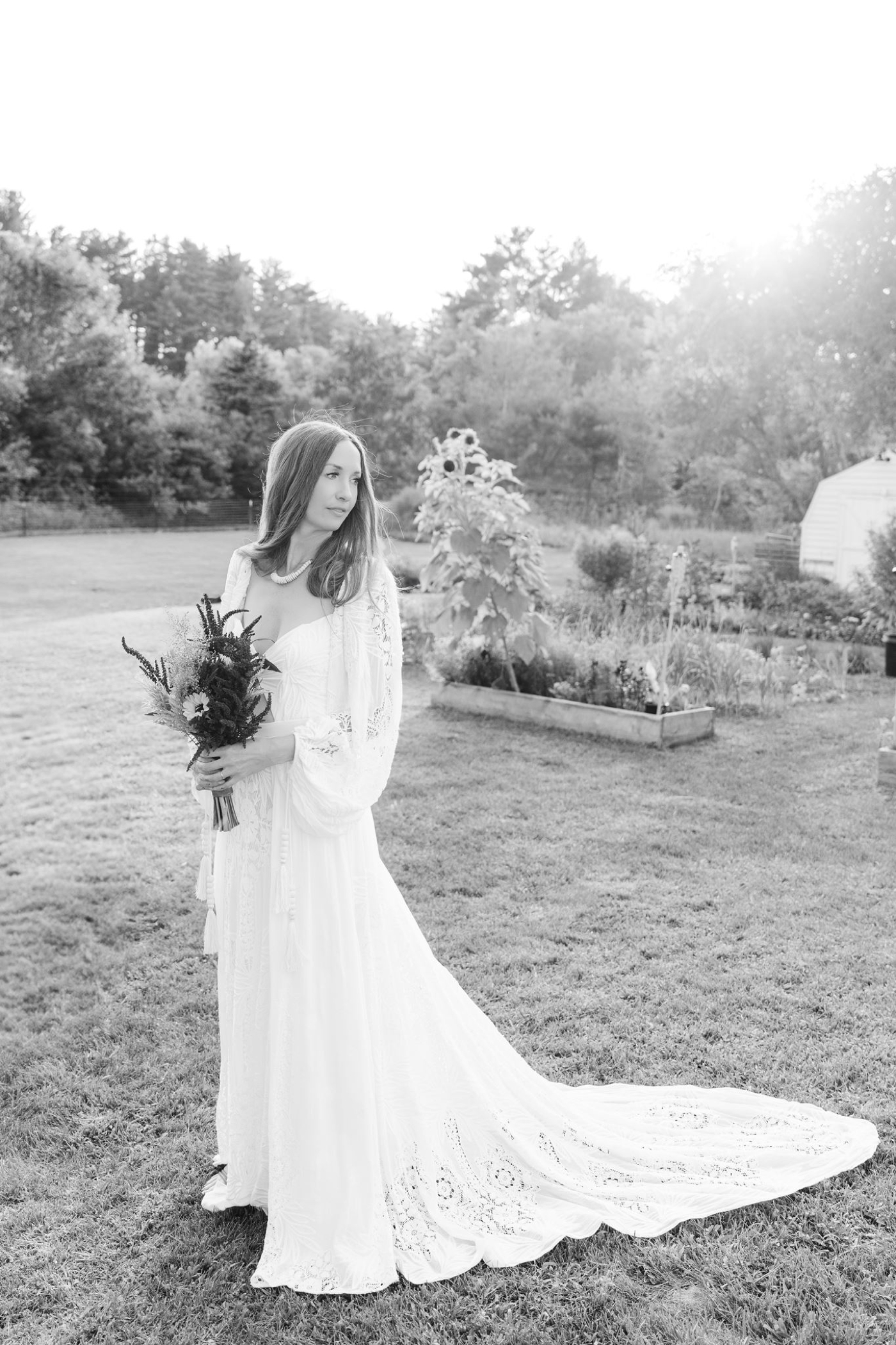 Black and white bohemian bridal portrait