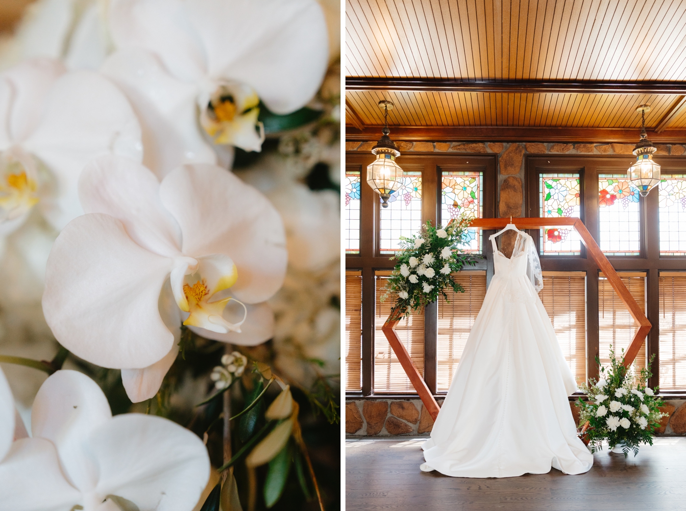 Wedding dress hanging from a wooden ceremony arch
