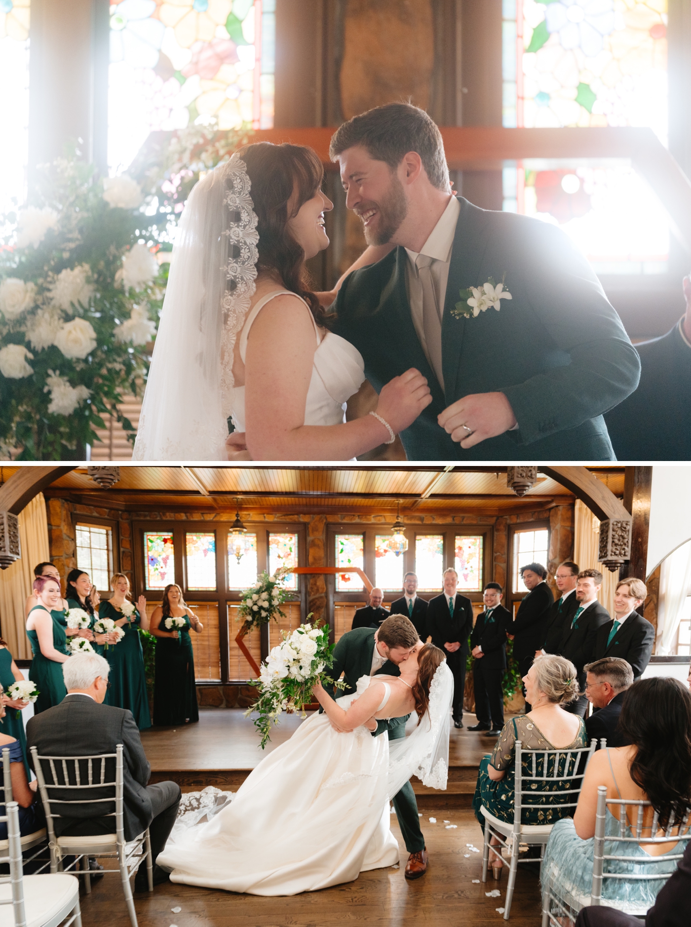 Groom dipping bride for a kiss after wedding ceremony