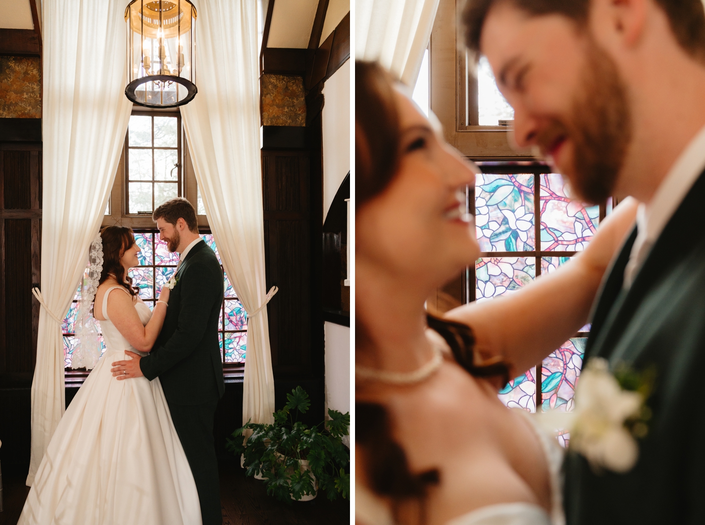 Bride and groom in front of a stained glass window