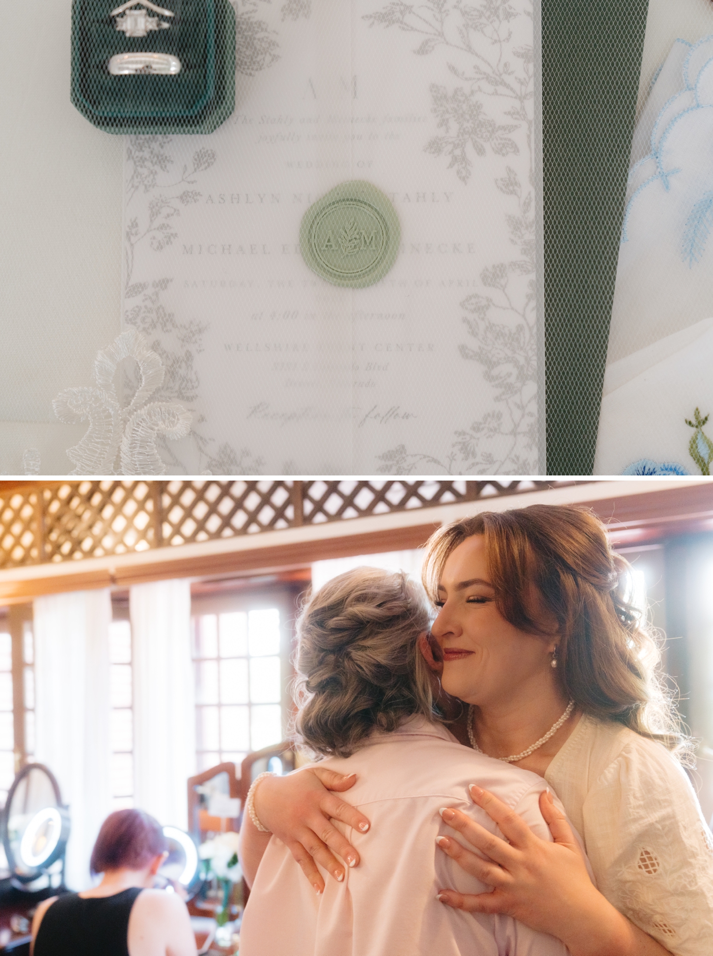 Bride sharing hug with mom while getting ready