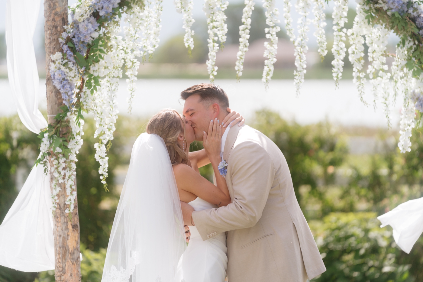 First Bride and groom first kiss at wedding ceremony at Rockn' S Ranch
