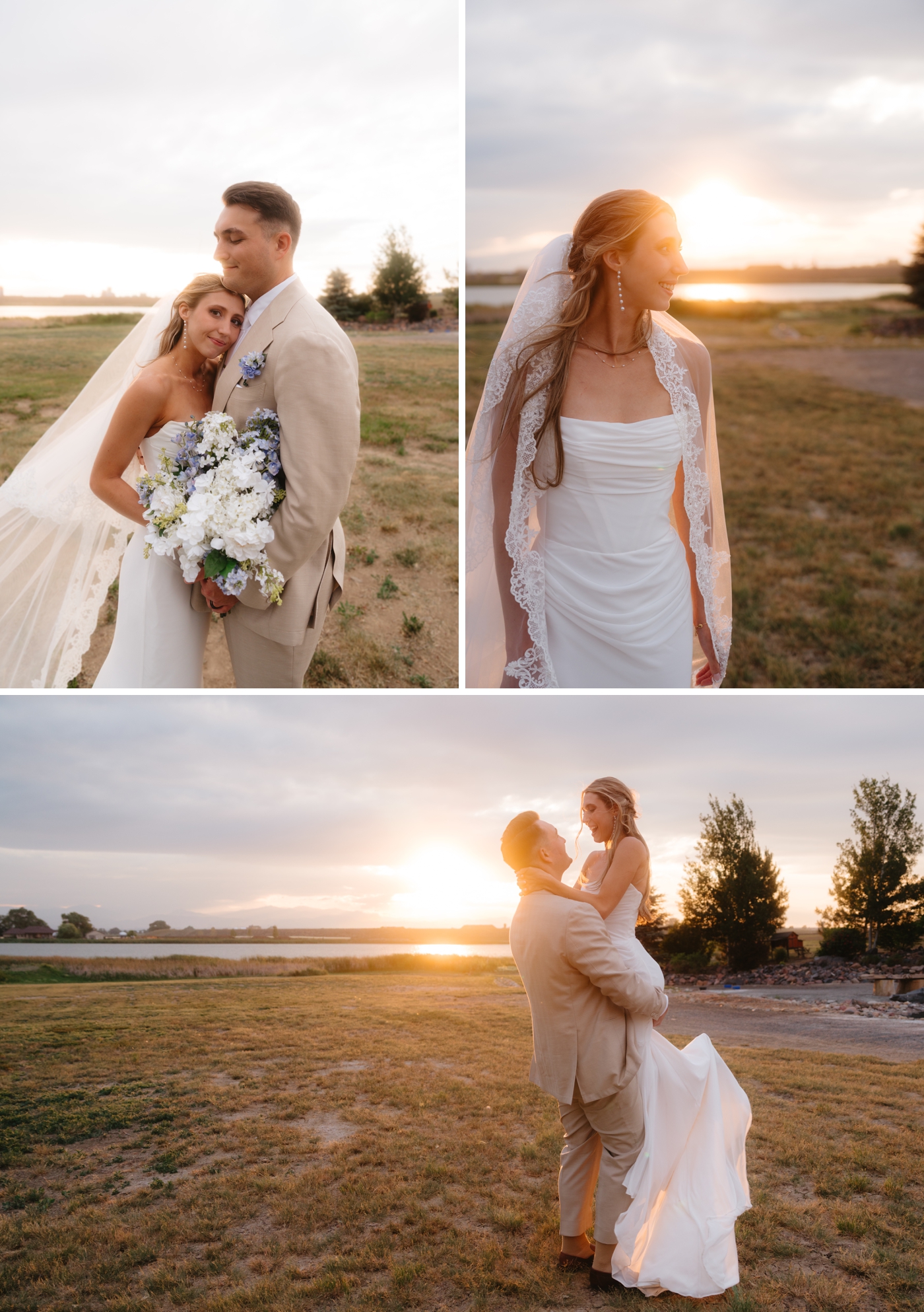 Golden hour wedding portraits with bride and groom in Colorado