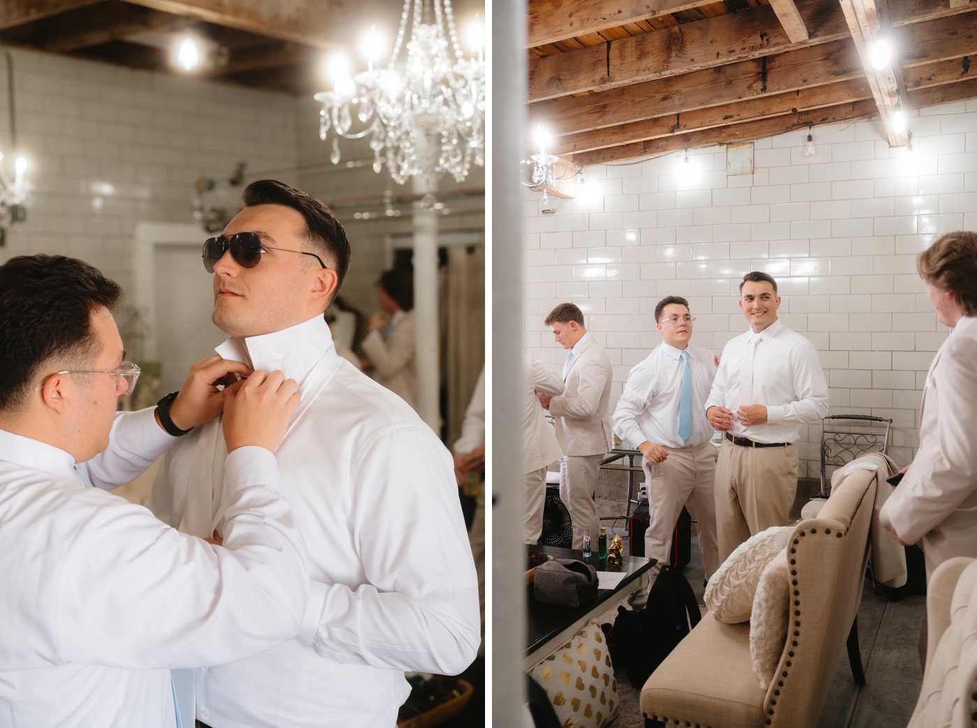 Groom getting ready with groomsmen for wedding in Colorado