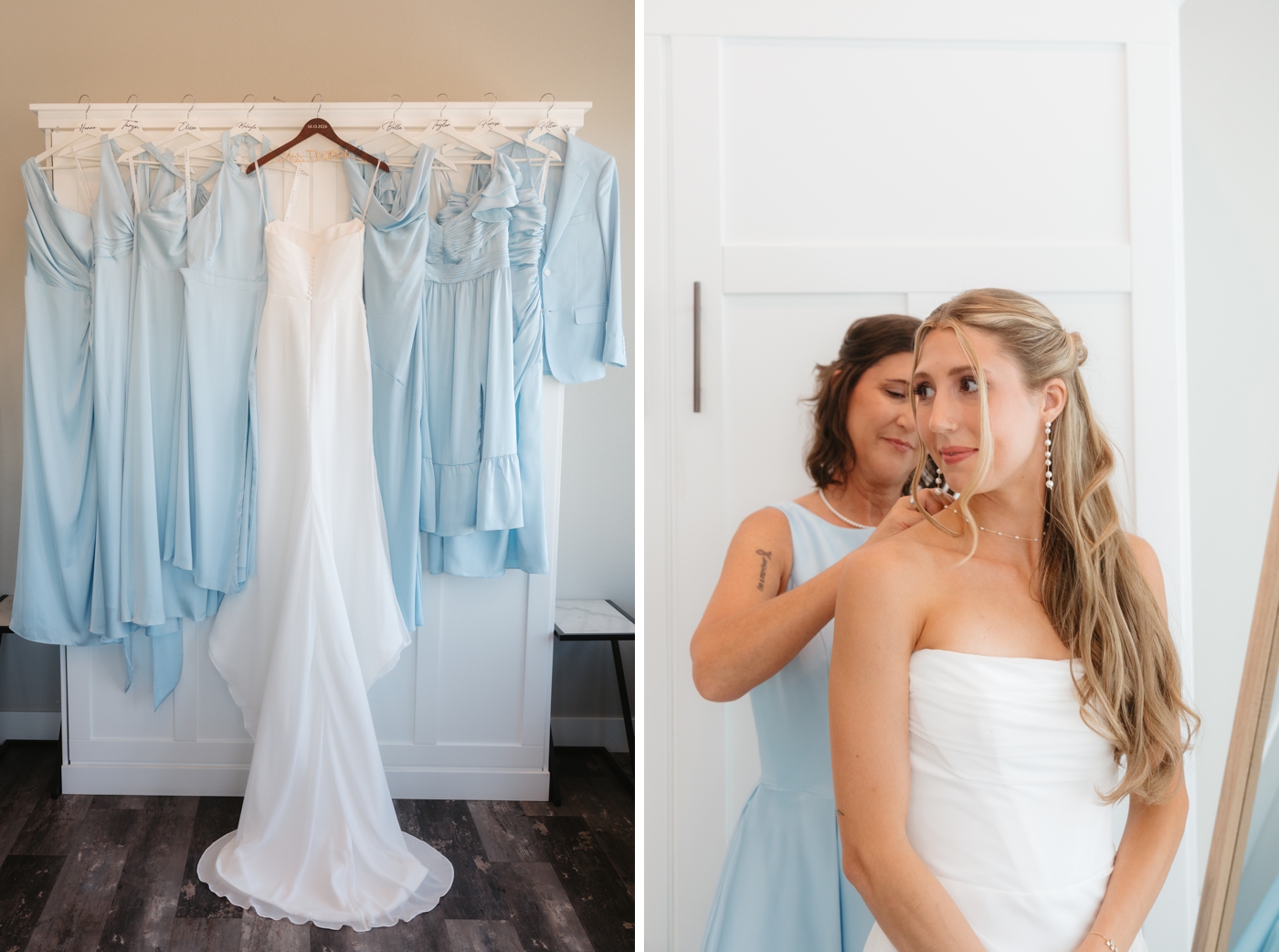 Light blue bridesmaids dresses and strapless bridal gown