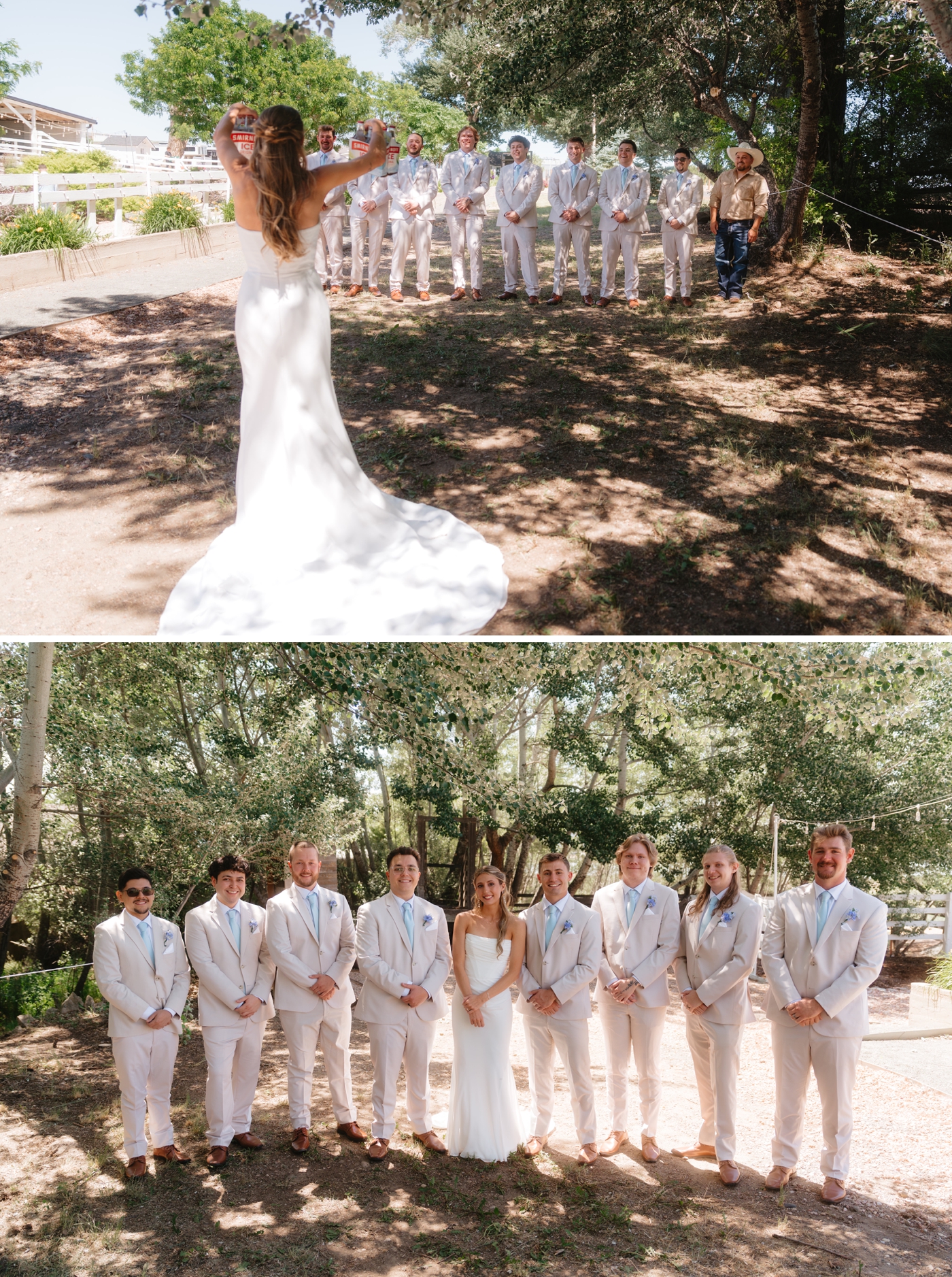 First look with bride and groomsmen at Rockin' S Ranch