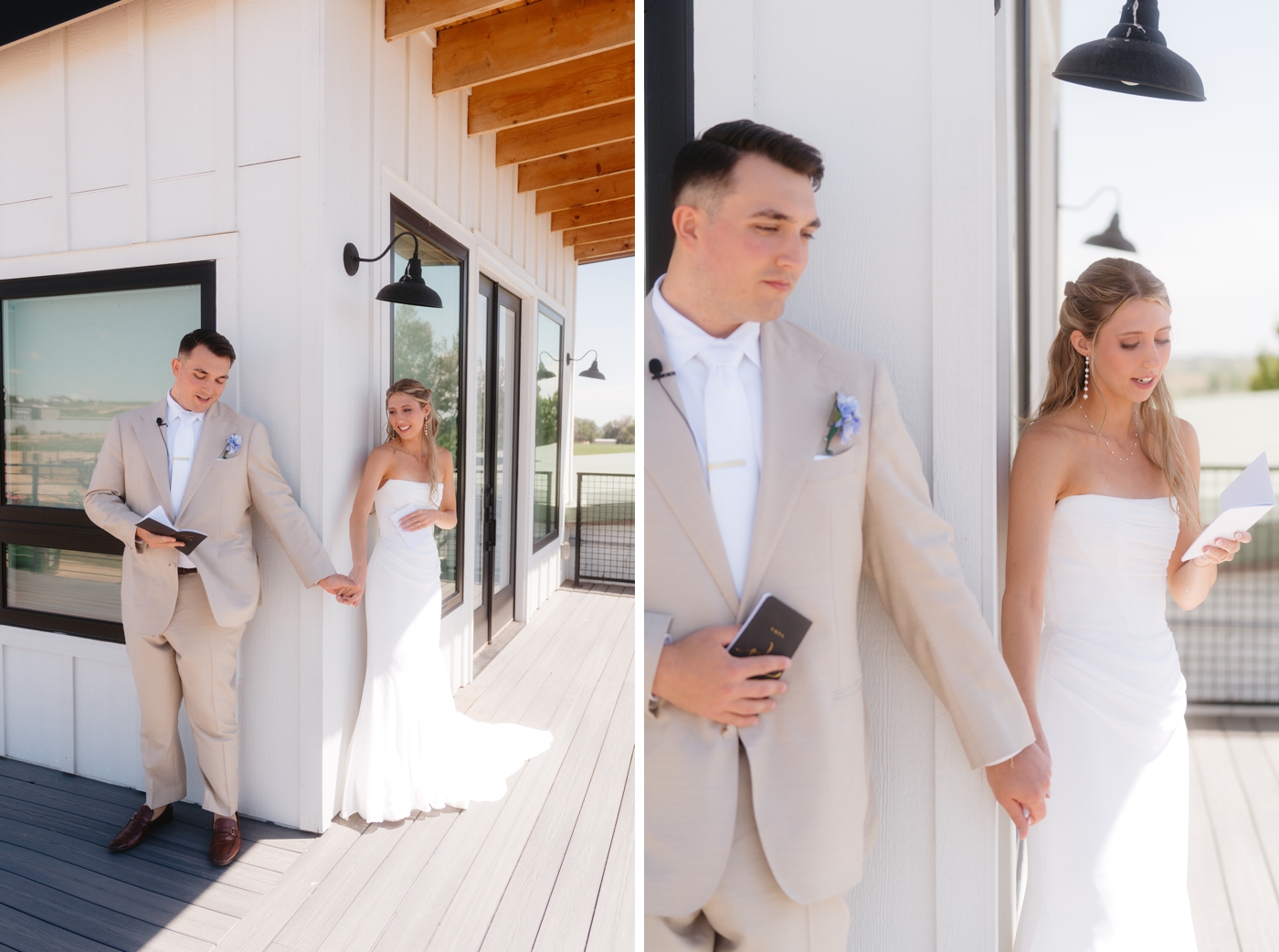 Bride and groom sharing a first touch moment at Rockin' S Ranch