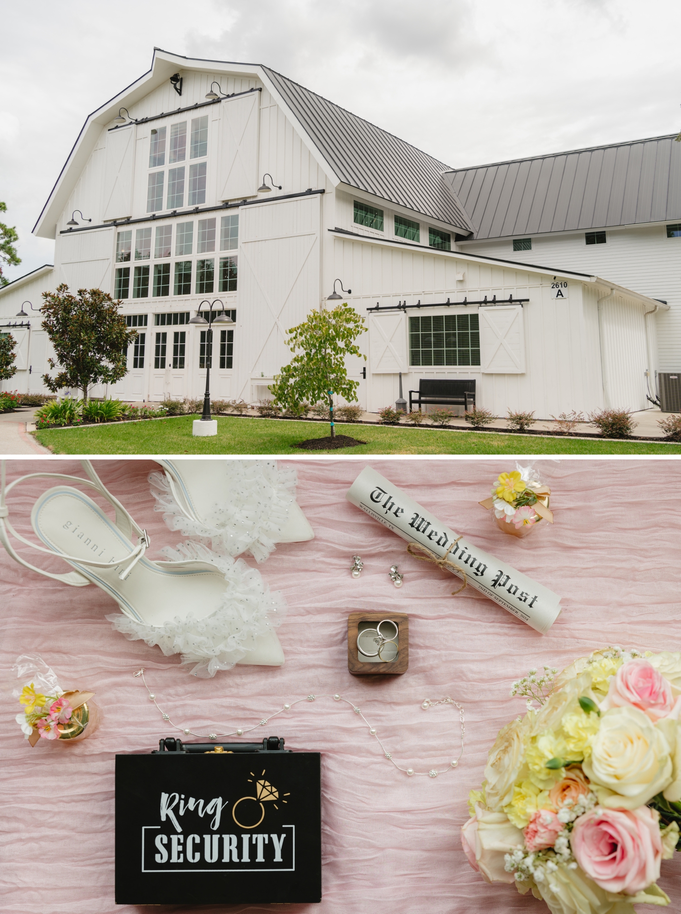 Flatlay with Gianni Bini bridal shoes, wedding newspaper, and bouquet of roses