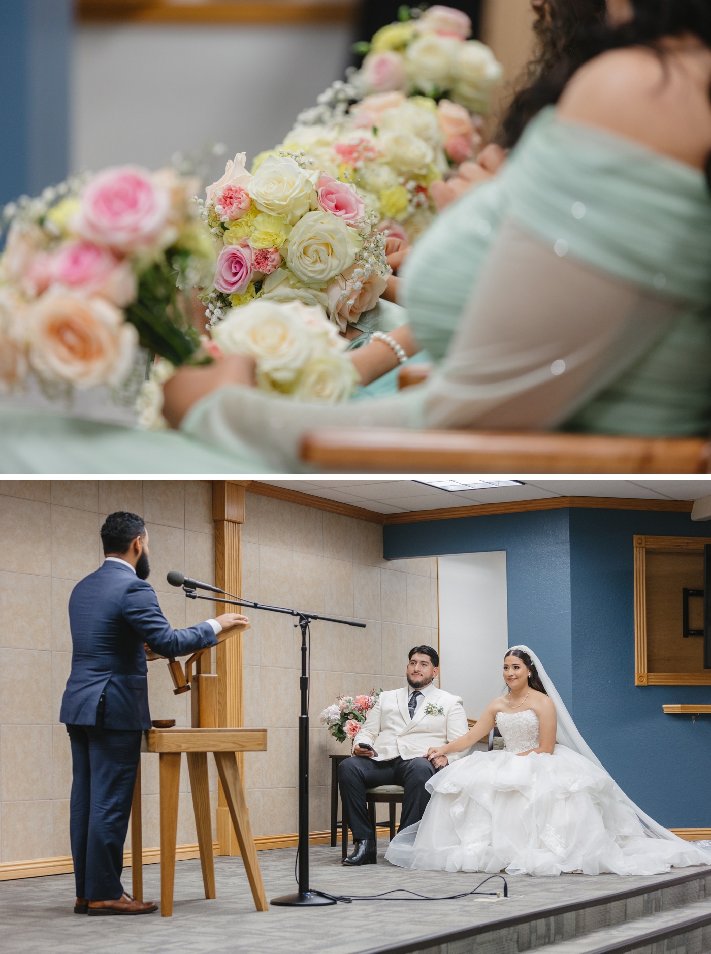 Bride and groom listening to speaker at their wedding ceremony