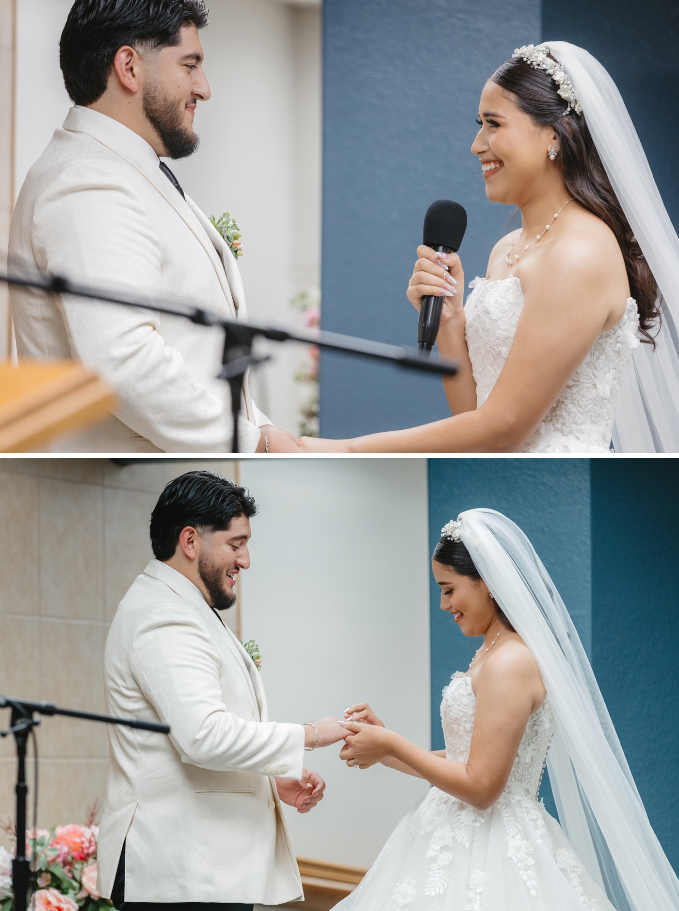 Bride putting wedding ring on groom