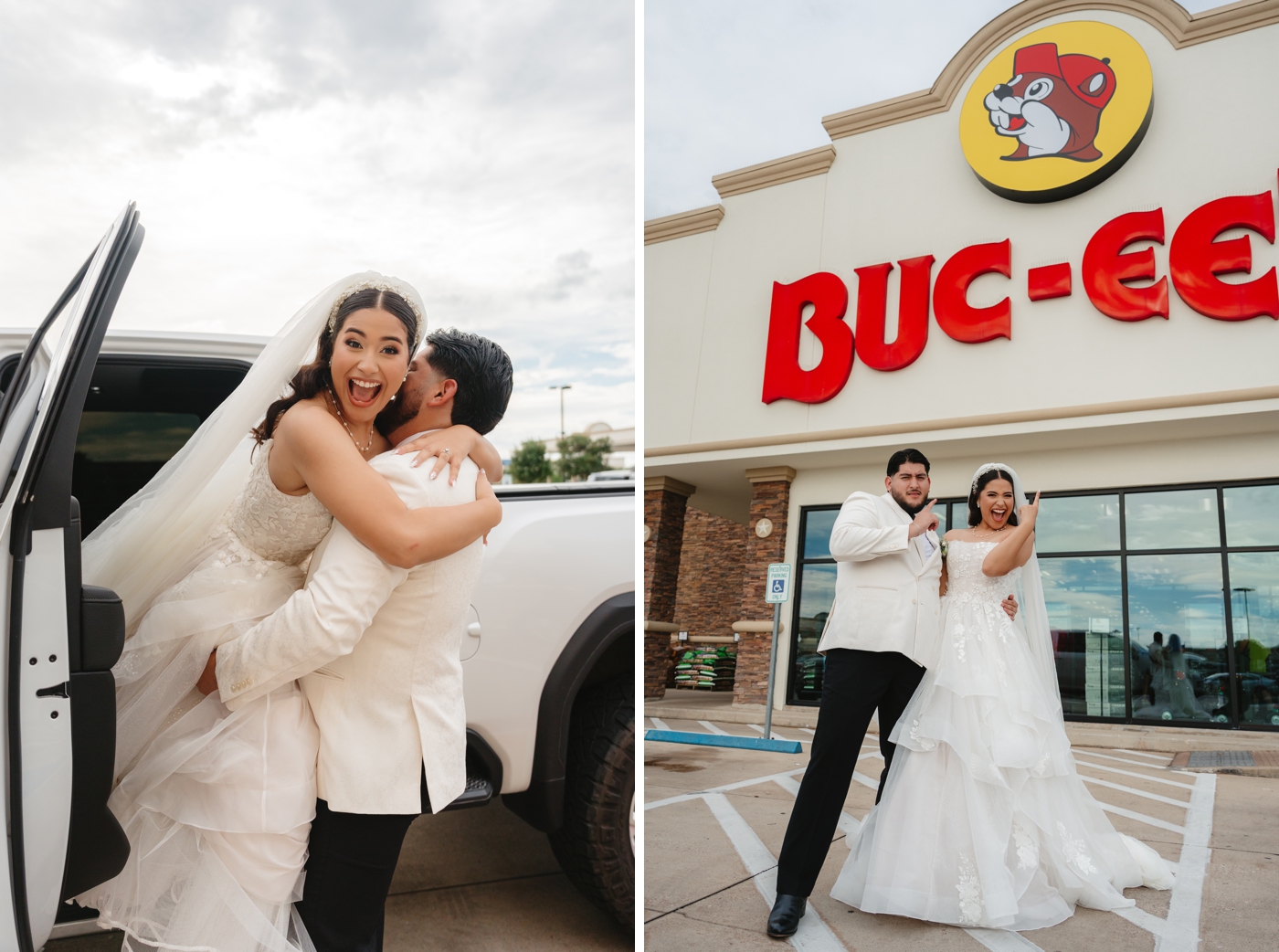 Bride and groom outside Buc-ee's location near Houston, TX