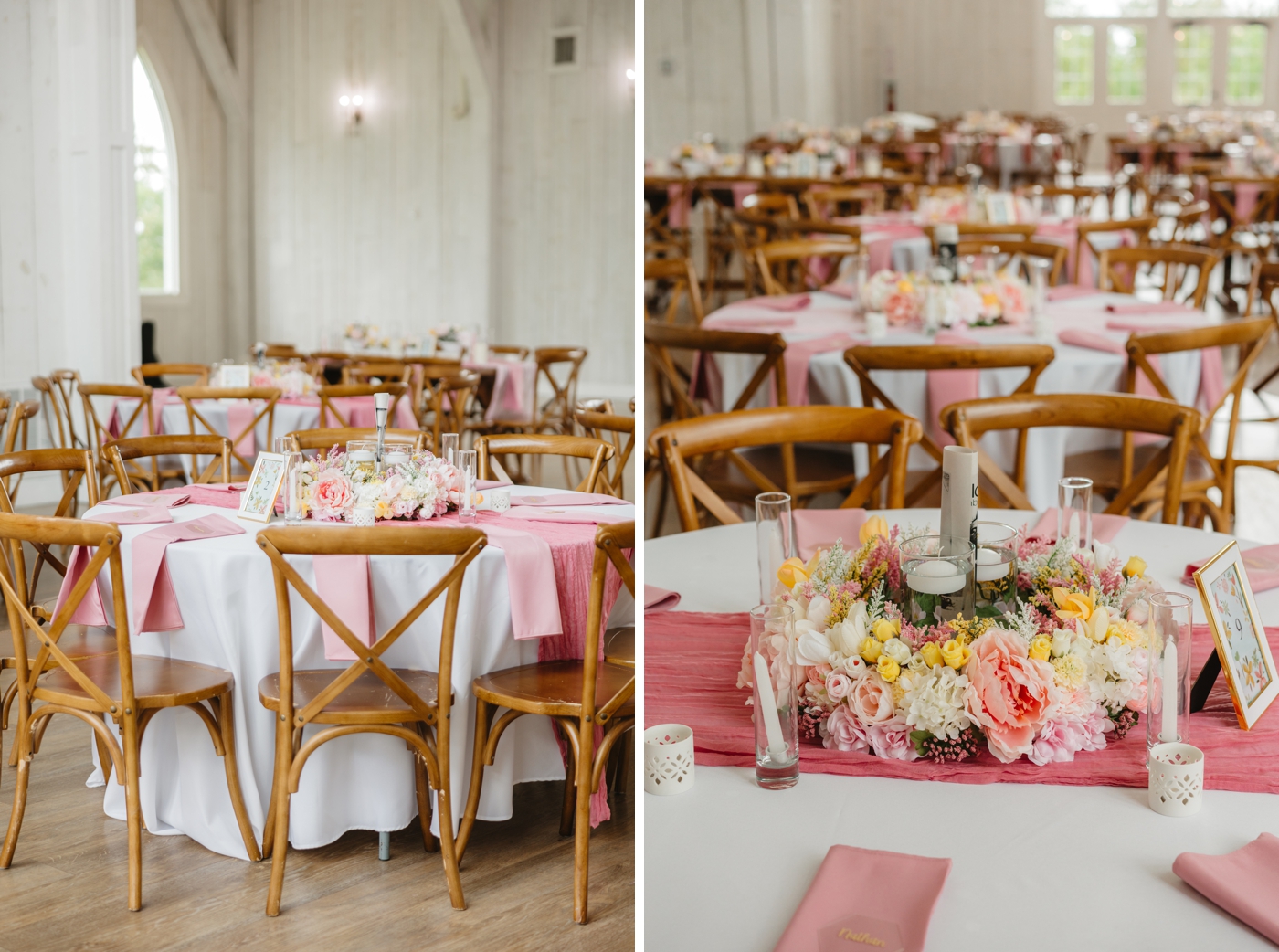 Pink and white wedding reception decor