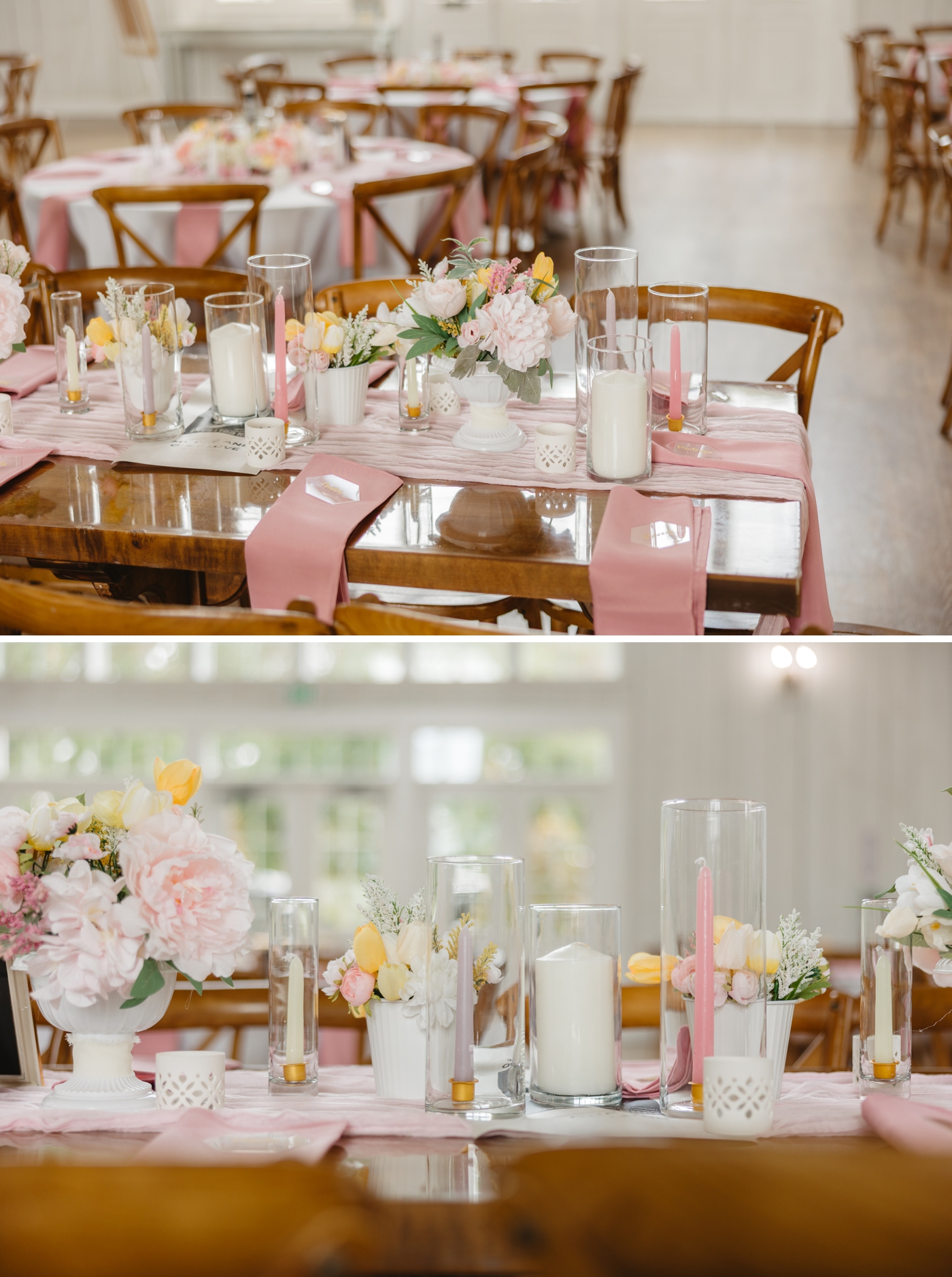 Wooden farmhouse table with pink linens, floral centerpieces, and candles for a Houston wedding