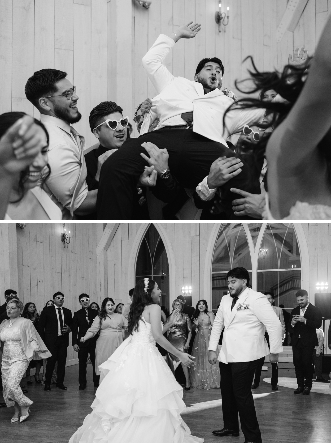 Groom being lifted by wedding guests on the dance floor
