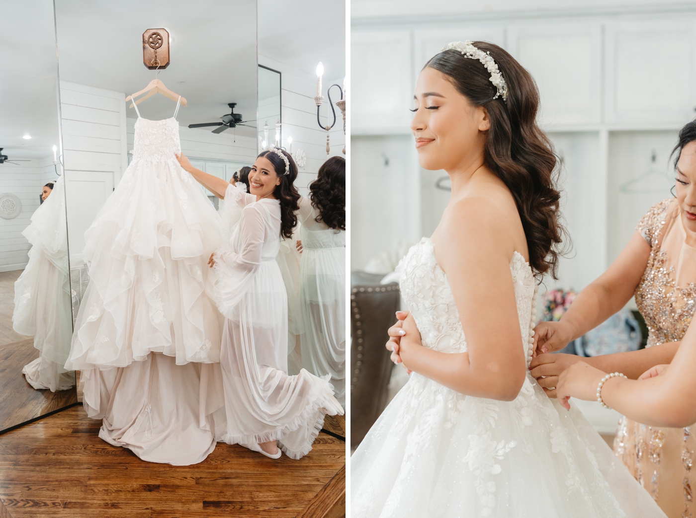 Bride standing next to her wedding dress