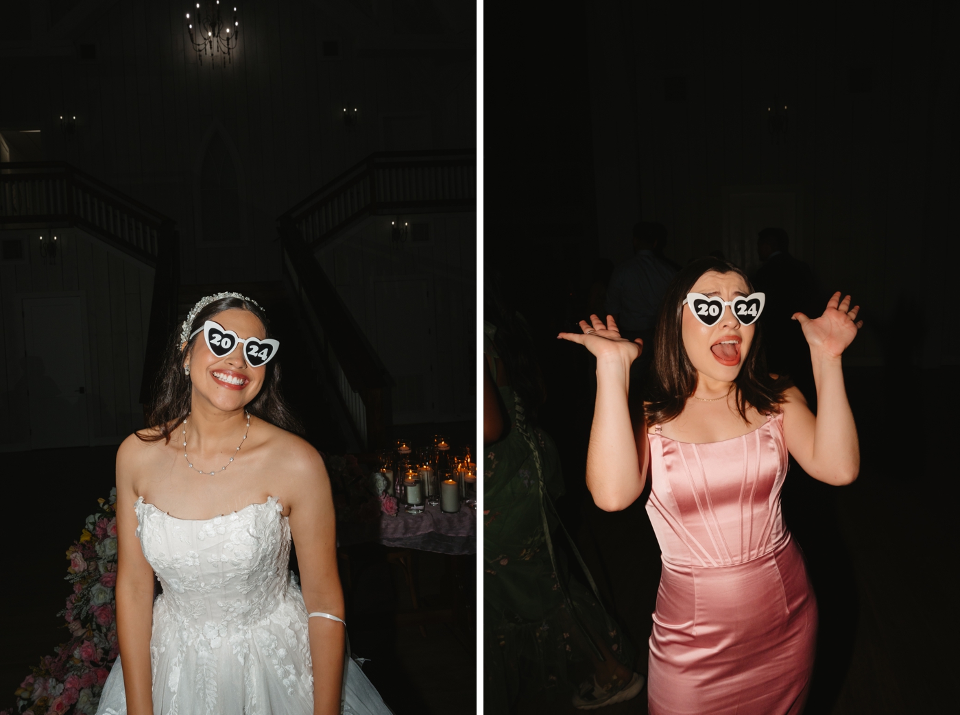 Bride wearing custom heart-shaped sunglasses with wedding year