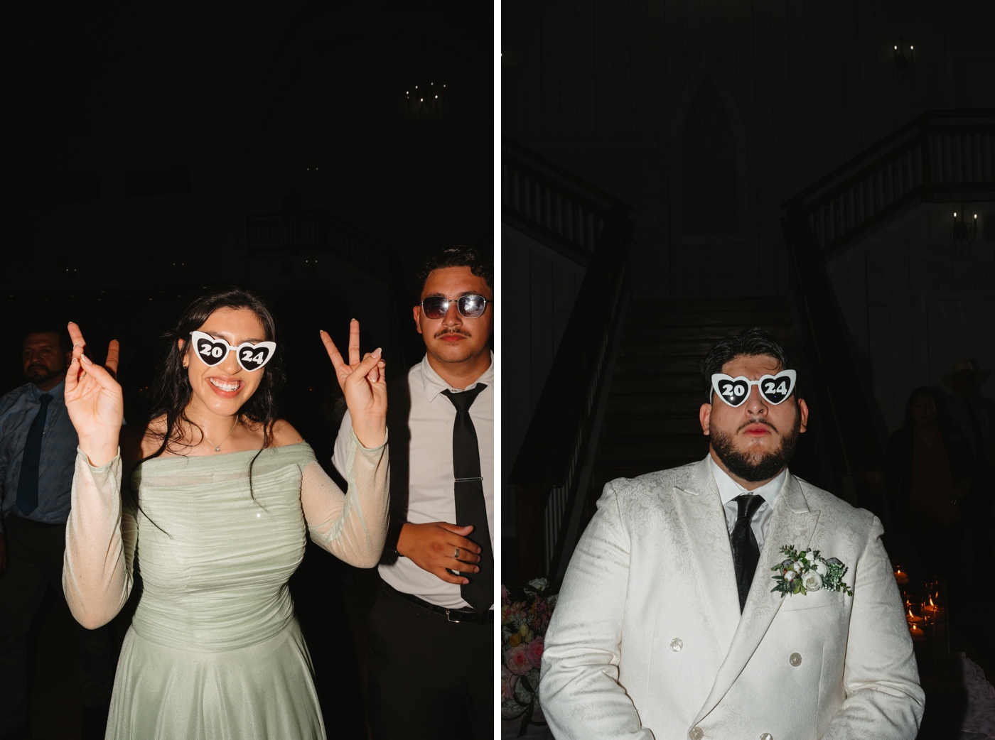Portraits of wedding guests and groom wearing heart-shaped sunglasses