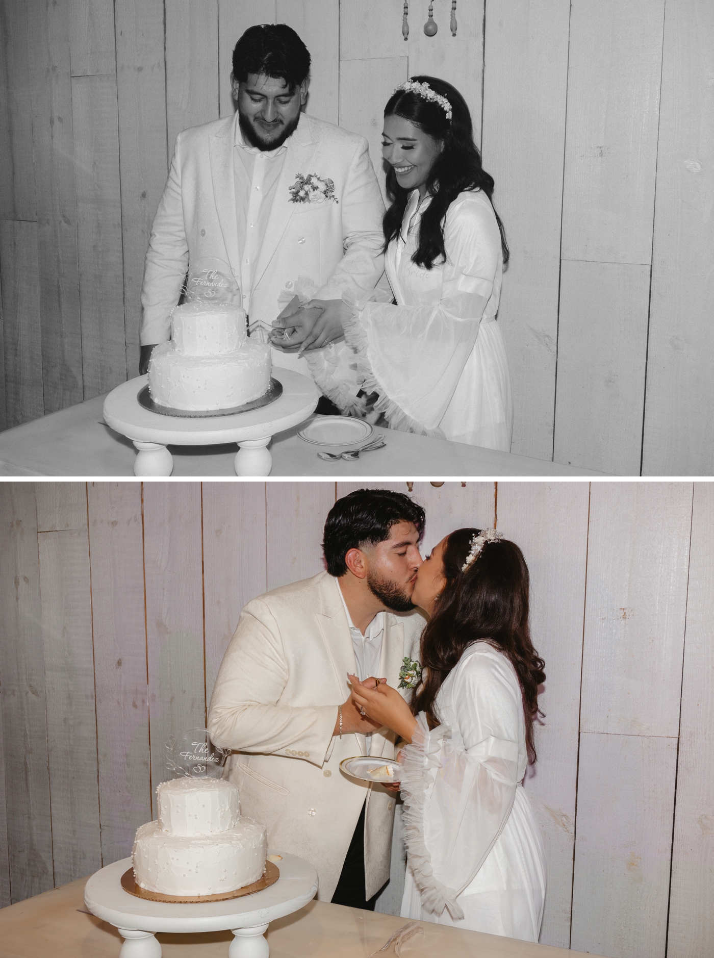 Bride and groom cutting their wedding cake