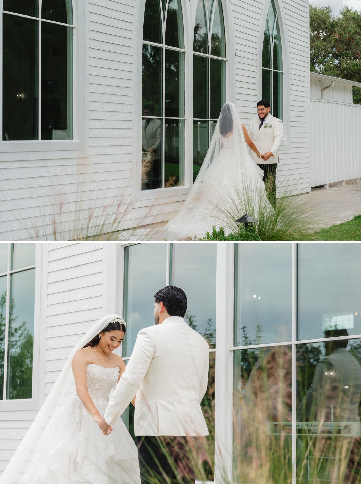 First look next to a white reception barn