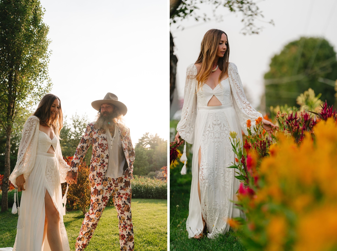 Bride and groom portraits in a colorful flower garden